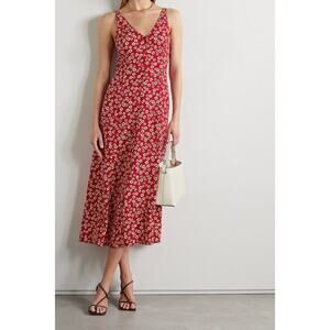 Reformation red white floral sleeveless back tie mid dress unlined Size 2